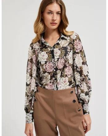 Camasa plisata cu model floral si maneci bufante, neagra, Negru