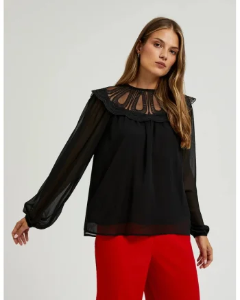 Camasa neagra cu decolteu decorativ, Negru