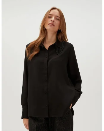 Camasa neagra cu margele cosute manual, Negru