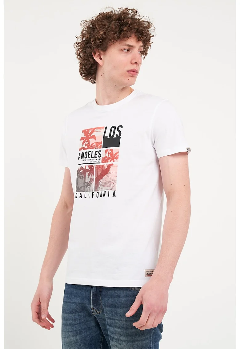 Tricou elastic cu model grafic, Alb/Negru/Coral