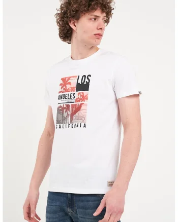 Tricou elastic cu model grafic, Alb/Negru/Coral