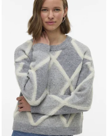 Pulover cu model geometric, Gri deschis melange