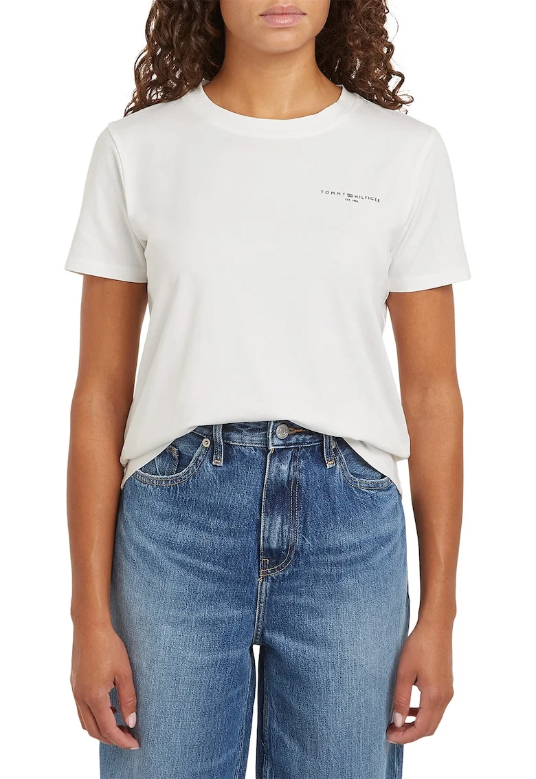 Tricou din amestec de bumbac organic cu decolteu la baza gatului, Alb fildes/Negru