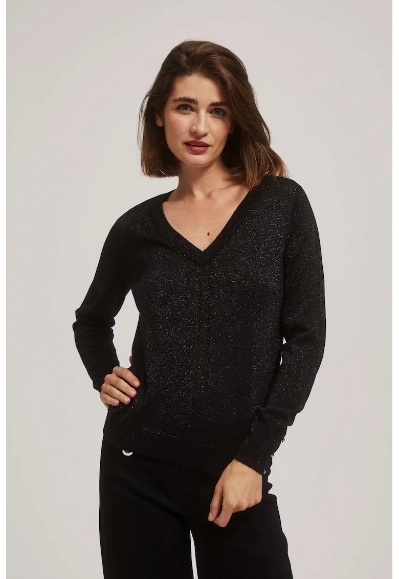 Pulover negru cu fir metalic si decolteu in V, Negru