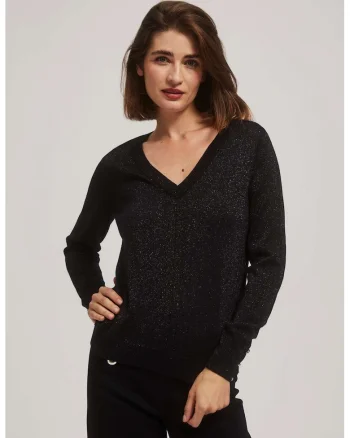 Pulover negru cu fir metalic si decolteu in V, Negru