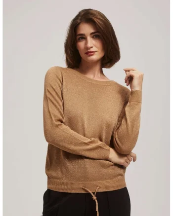Pulover cu fir metalic si legatura, Bej