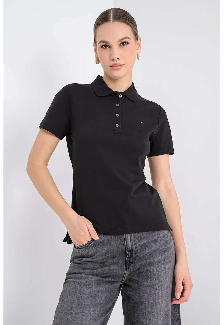 Tricou polo cu croiala slim-fit si logo, Negru/Negru stins