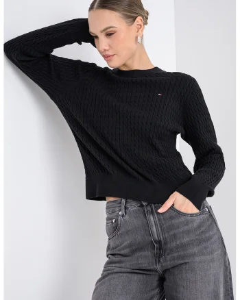 Pulover din bumbac organic cu model torsade, Negru