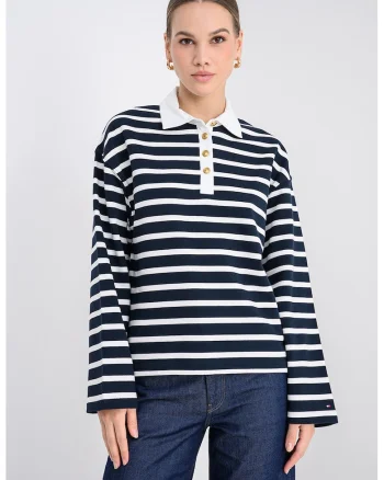 Bluza polo cu dungi, Albastru ultramarin/Alb murdar