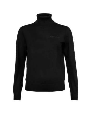 Pulover din lana cu guler inalt si detaliu logo, Negru
