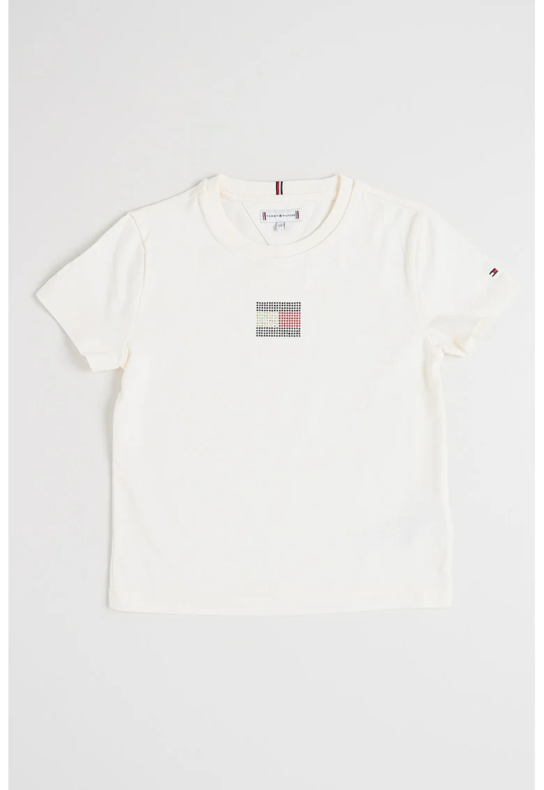Tricou cu logo din strasuri, Alb fildes/Argintiu