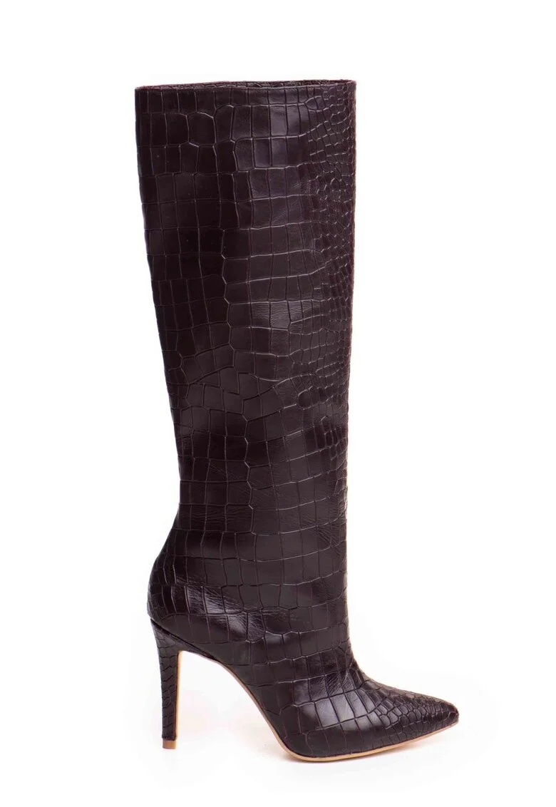 Cizme pana la genunchi din piele, cu textura de crocodil Mystic Purple Charm