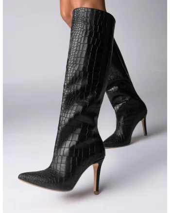 Cizme din piele cu toc si textura tip crocodil Midnight Charm