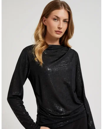 Bluza neagra cu decolteu plisat si maneci lungi, Negru
