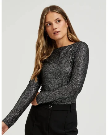 Bluza stralucitoare neagra cu maneci lungi, Negru