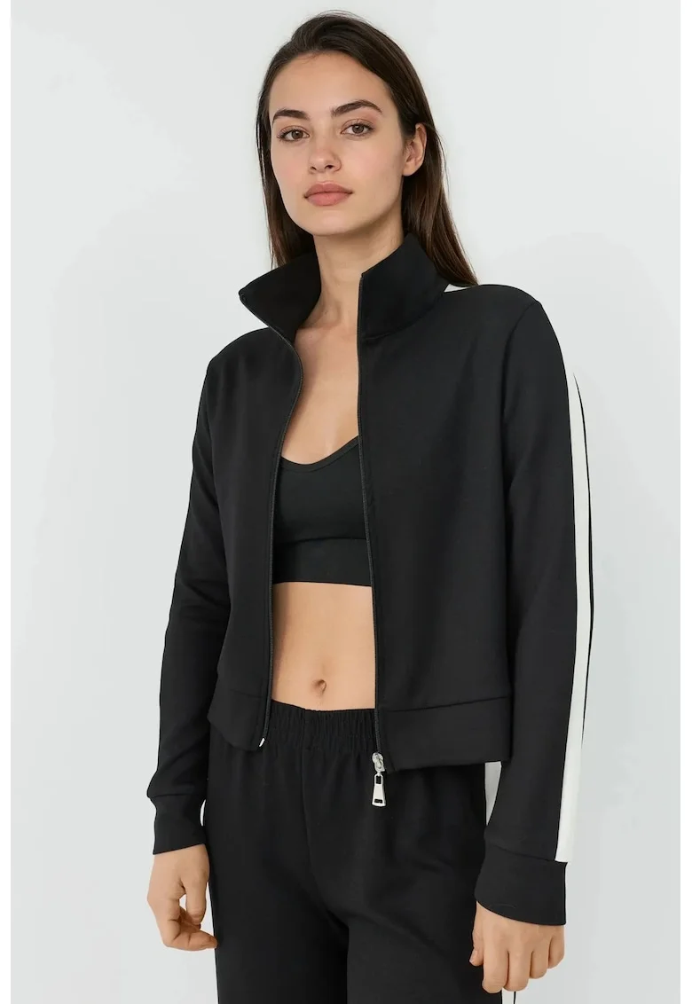 Hanorac dama  jacheta sport cu guler tip tunica, negru, tricot