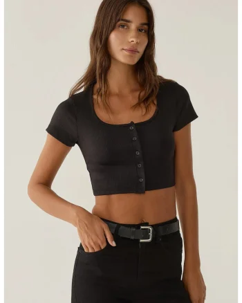 Top scurt,  guler polo, detalii cu nasturi, negru, Negru