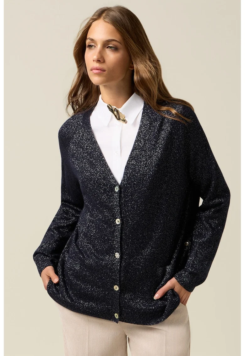 Cardigan din amestec de lana cu insertii stralucitoare, Albastru ultramarin/Argintiu