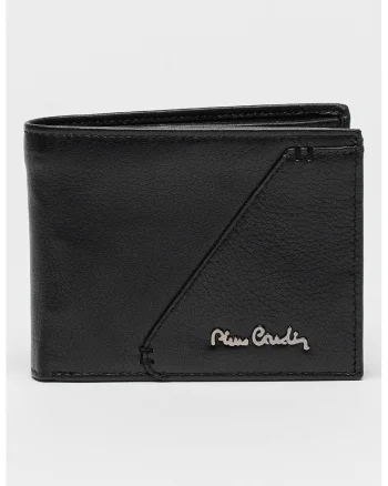 Portofel pliabil de piele cu logo metalic, Negru