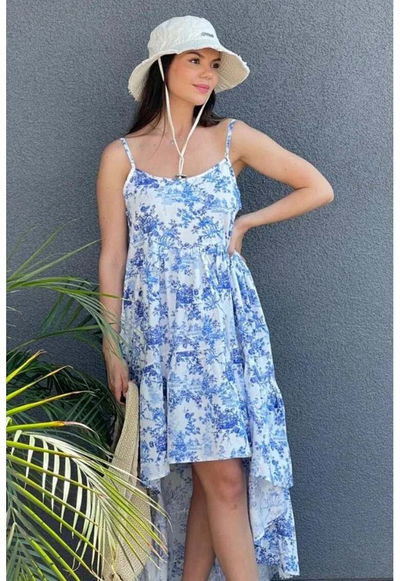 Rochie din bumbac cu model floral si talie inalta, Alb/Albastru