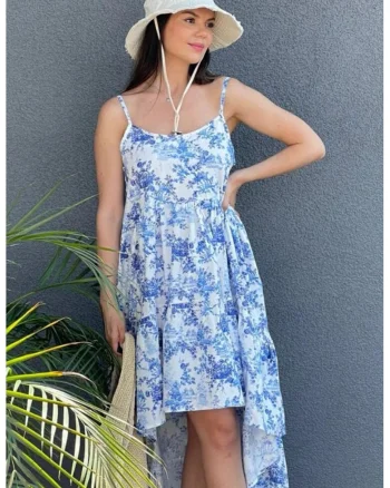 Rochie din bumbac cu model floral si talie inalta, Alb/Albastru