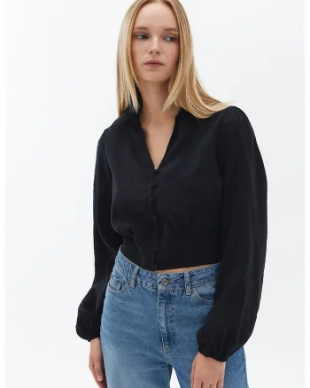 Camasa crop din amestec de modal, Negru