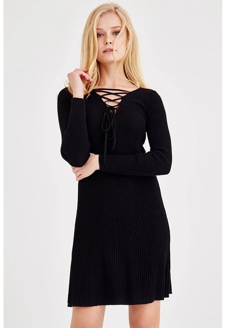 Rochie striata cu snururi, Negru