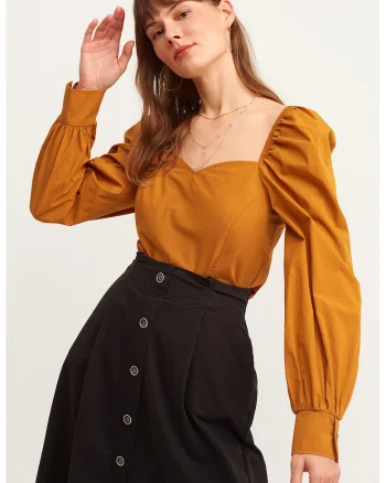 Bluza de bumbac cu maneci bufante si decolteu sweetheart, Portocaliu stins