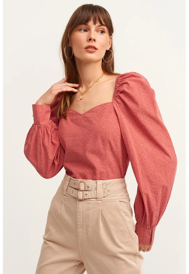 Bluza de bumbac cu maneci bufante si decolteu sweetheart, Coral