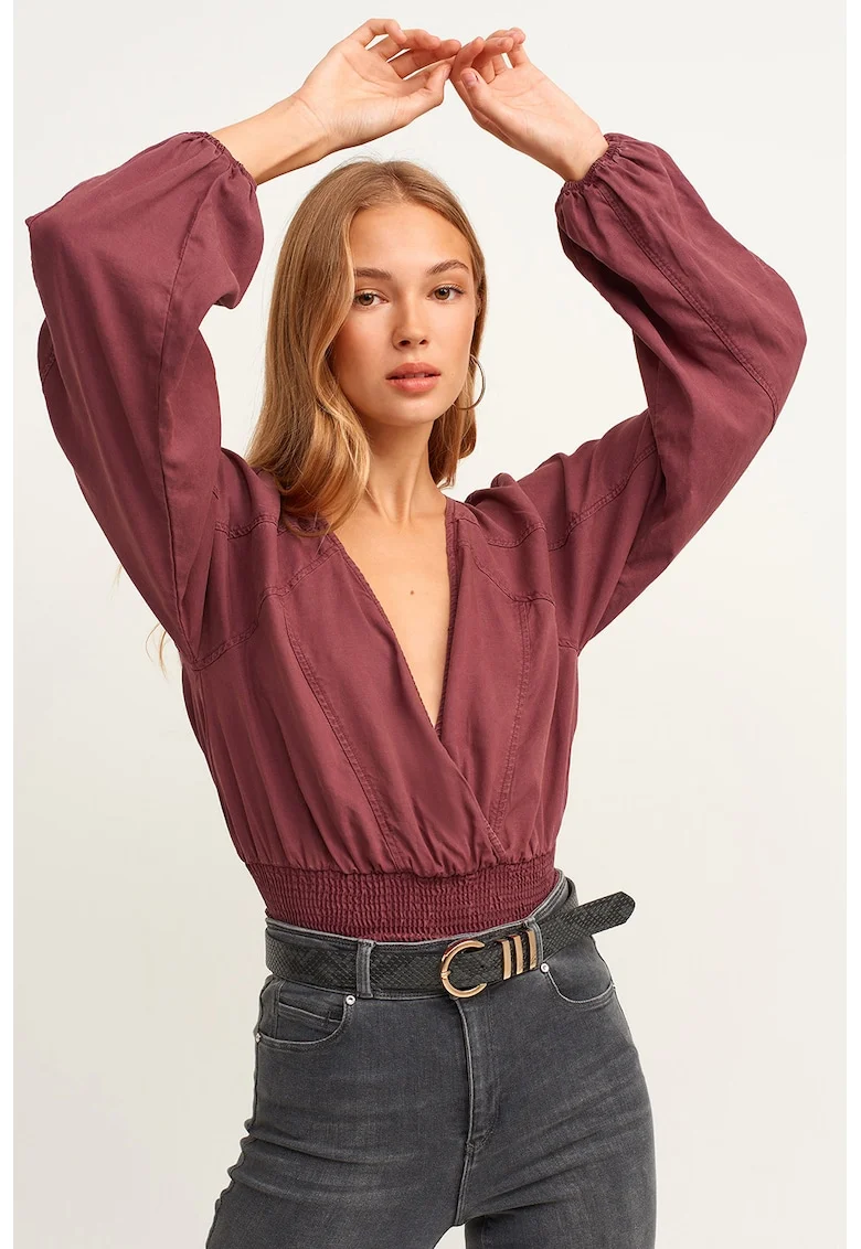 Bluza de lyocell cu maneci bufante, Rosu stins