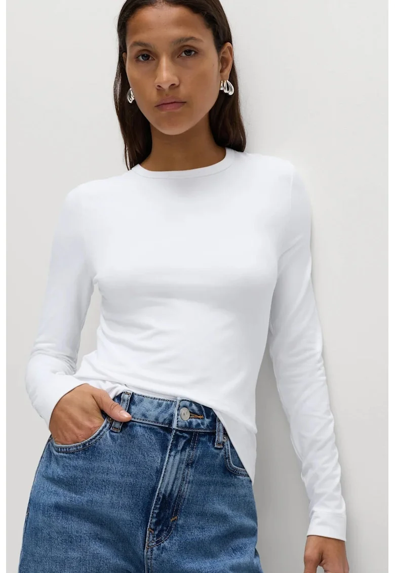 Bluza slim-fit cu decolteu la baza gatului, Alb optic