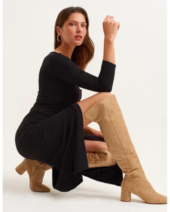 Rochie lunga cambrata cu decolteu rotund, Negru