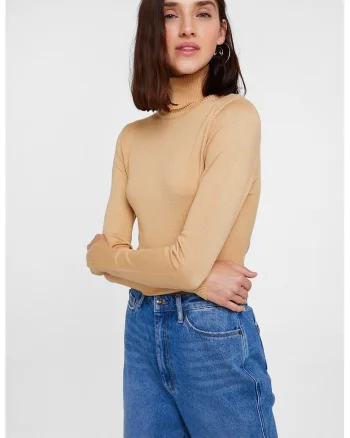 Pulover slim fit cu guler inalt, Maro nisip