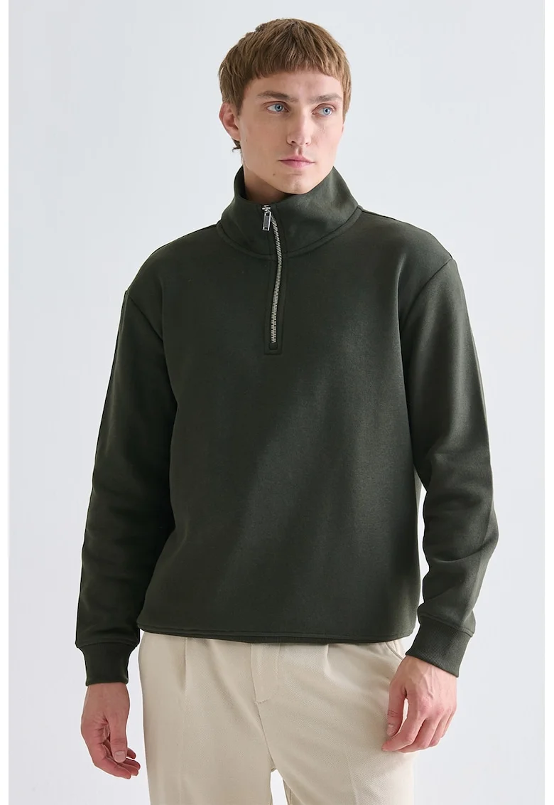Bluza de trening cu fenta cu fermoar scurt, Verde inchis