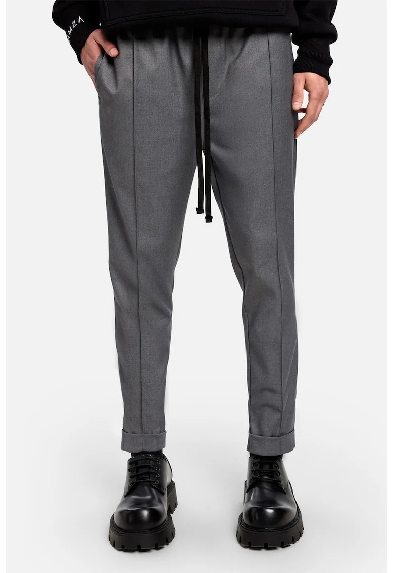 Pantaloni crop cu buzunare laterale si snur, Gri antracit