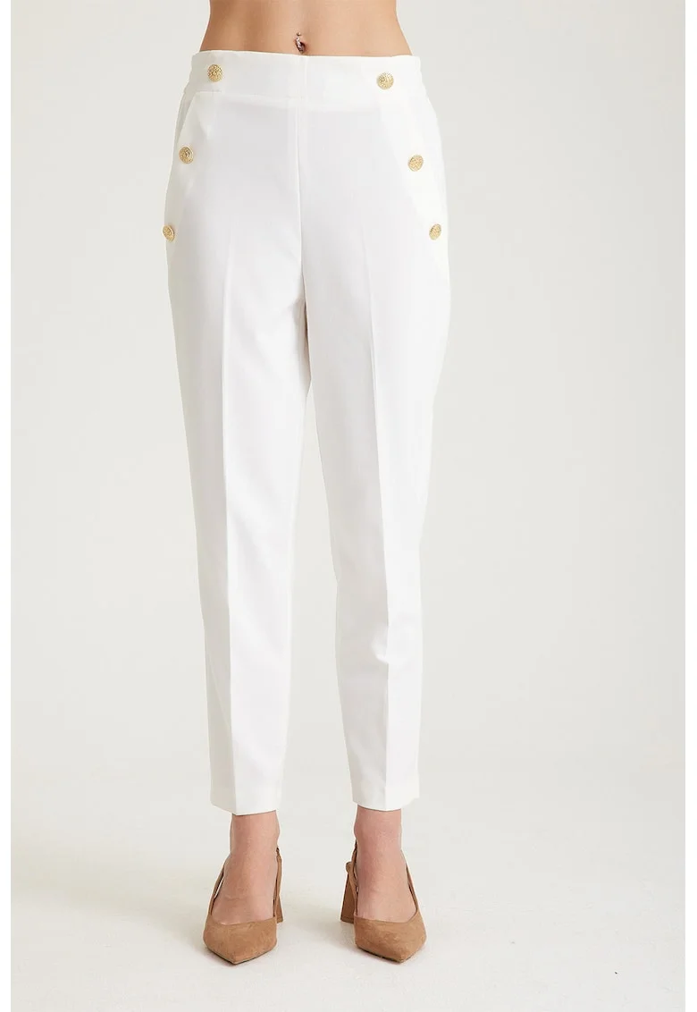 Pantaloni cu talie inalta si elastica, Alb optic
