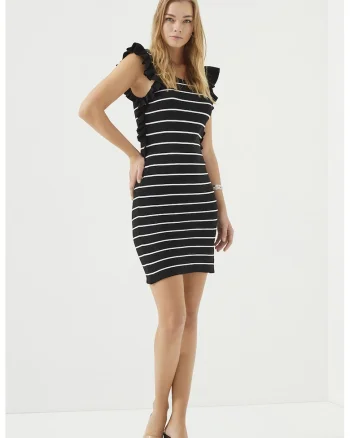 Rochie cu volane si dungi, Alb/Negru