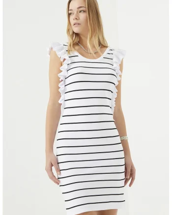 Rochie cu volane si dungi, Negru/Alb optic