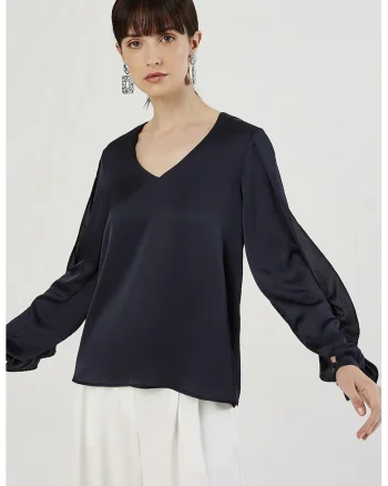 Bluza din satin cu decolteu in V, Albastru ultramarin
