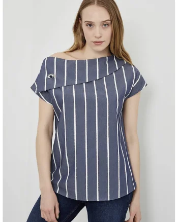 Bluza asimetrica cu dungi, Alb/Bleumarin