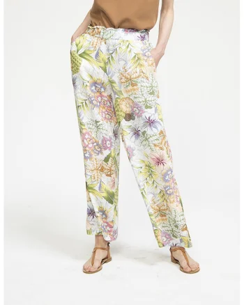 Pantaloni relaxed fit cu design floral, Multicolor