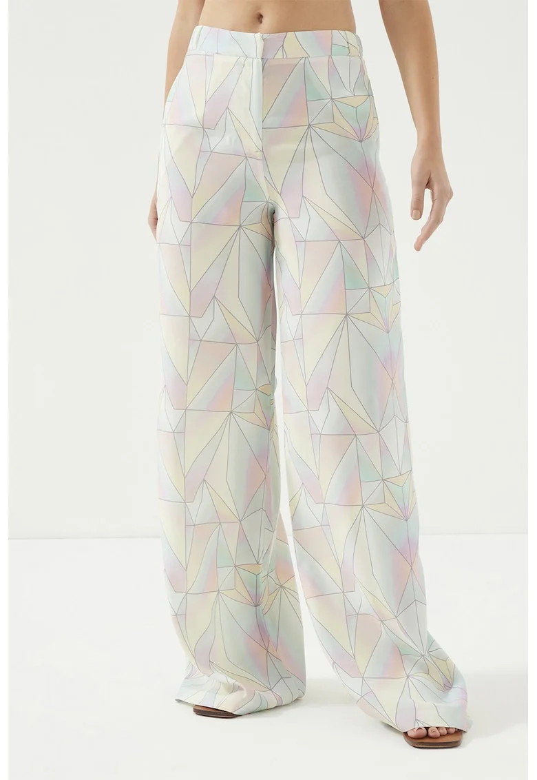 Pantaloni cu croiala ampla si talie medie, Multicolor