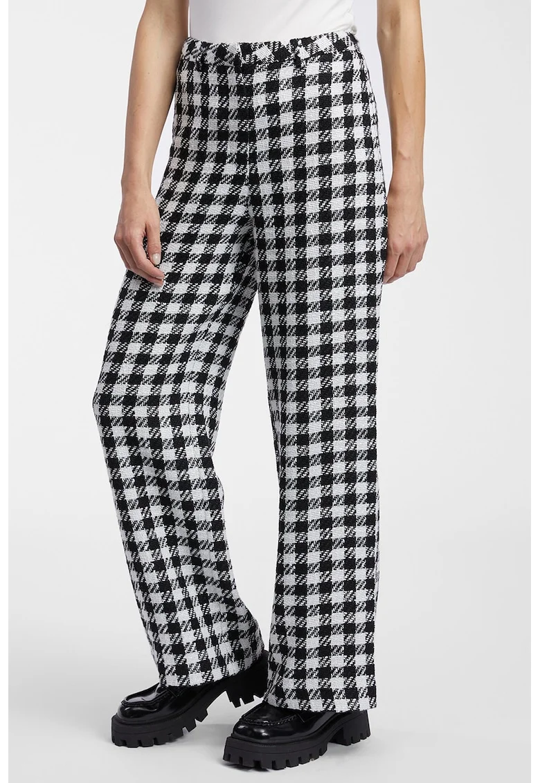 Pantaloni cu talie inalta si model in carouri, Alb/Negru