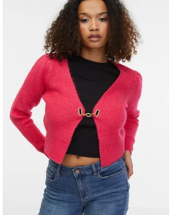 Cardigan crop cu inchidere metalica, Coral