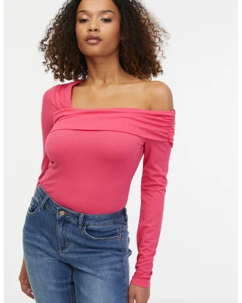 Bluza cu decolteu pe un umar, Roz aprins