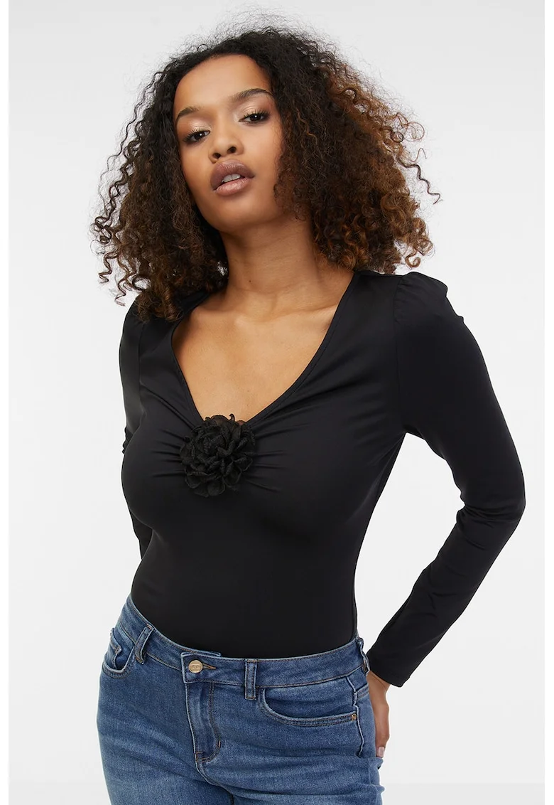Bluza cu decolteu in V si aplicatie florala, Negru stins