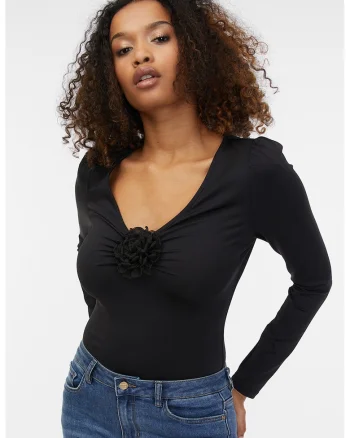 Bluza cu decolteu in V si aplicatie florala, Negru stins