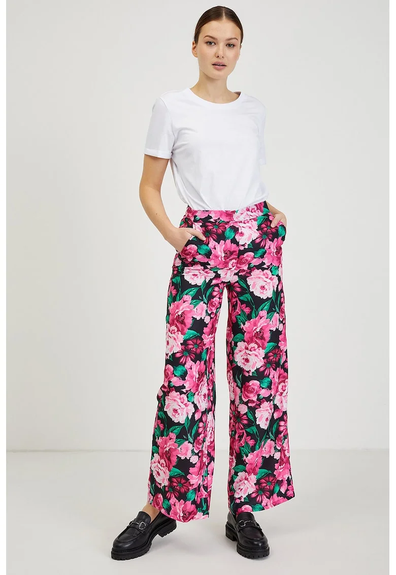 Pantaloni cu croiala ampla si model floral, Negru/Fucsia/Turcoaz
