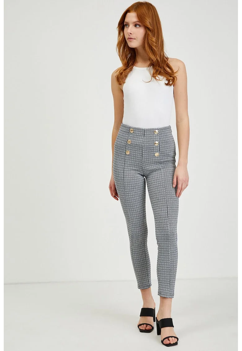 Pantaloni in carouri cu talie inalta, Negru/Gri deschis