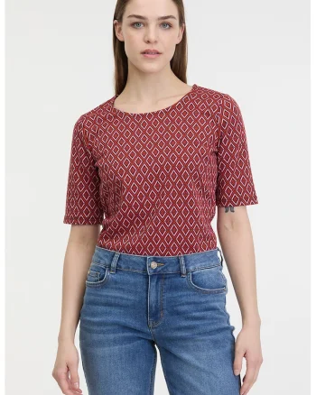 Bluza cu model si decolteu rotund, Roz deschis/Caramiziu